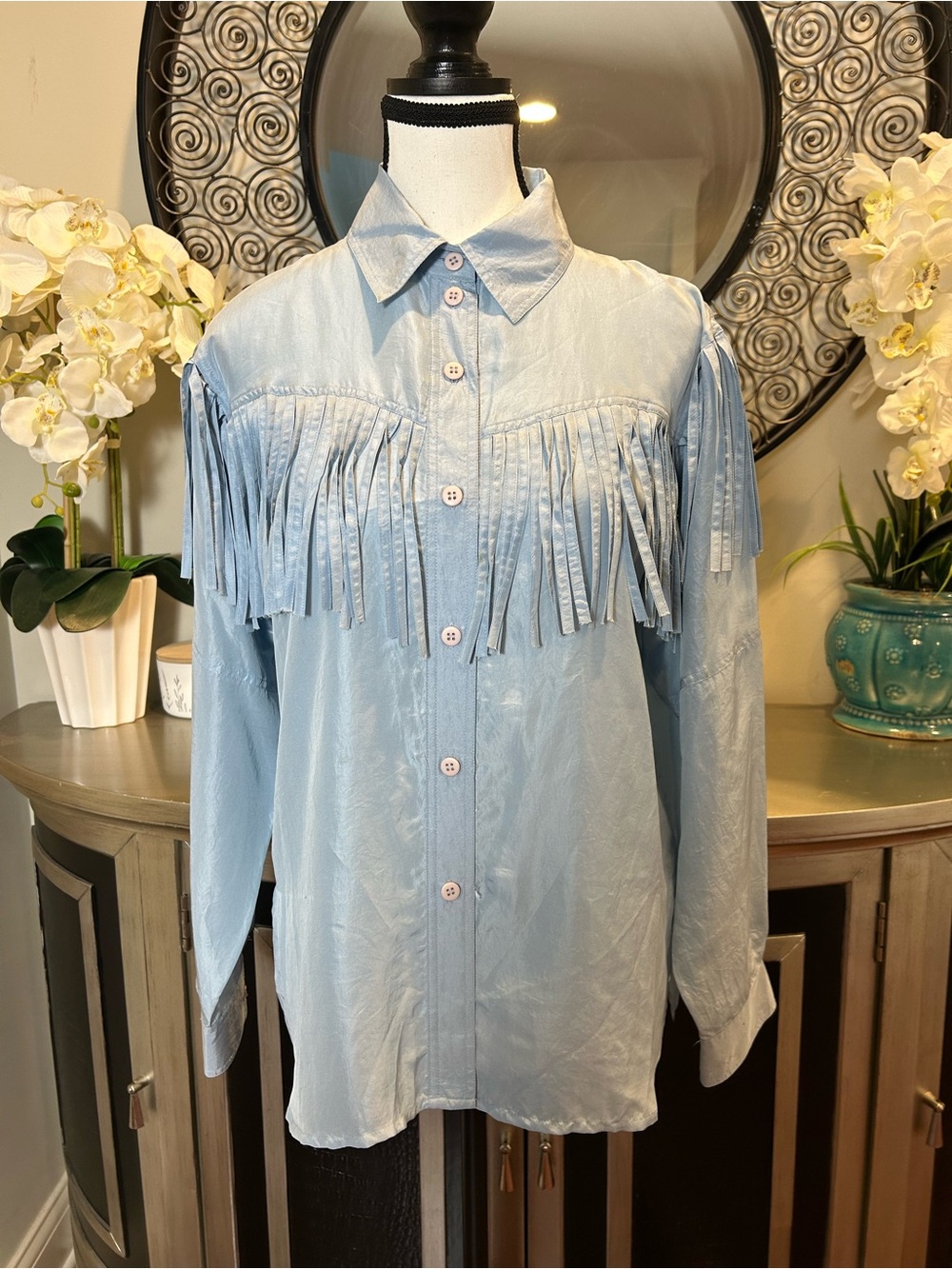 Petite Sophisticate Light Blue Fringe Button-Down Shirt 💯 silk
